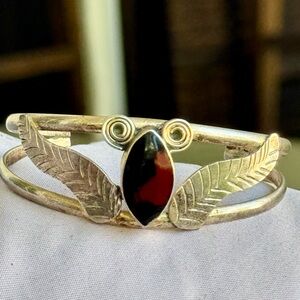 Silver Leaf Cuff Bracelet with Red Marquise Stone
